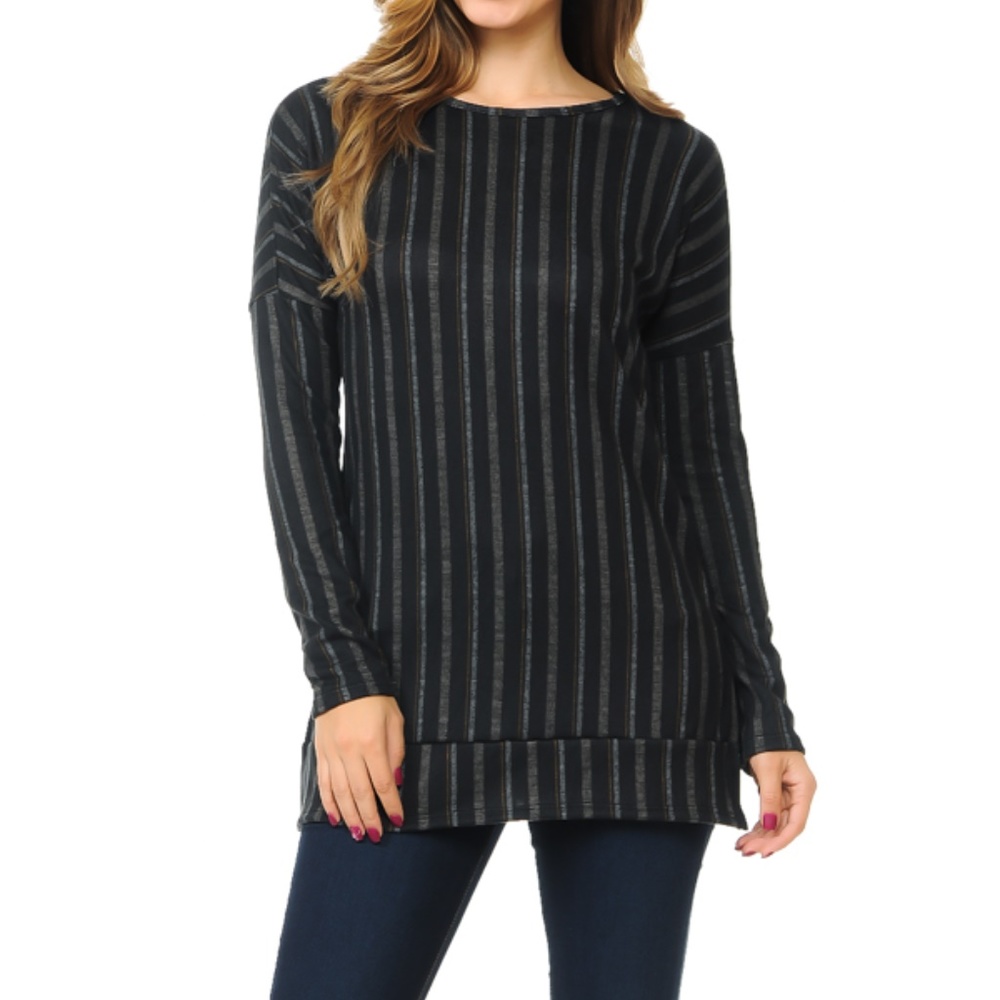 Plum Stripped Long Sleeve Tunic /W Side Slit